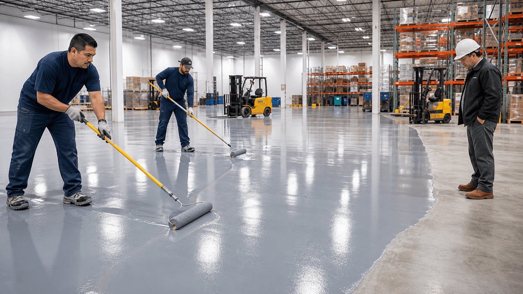 Sunlit warehouse interior with glossy gray epoxy floor reflecting overhead lights and tall pallet racks