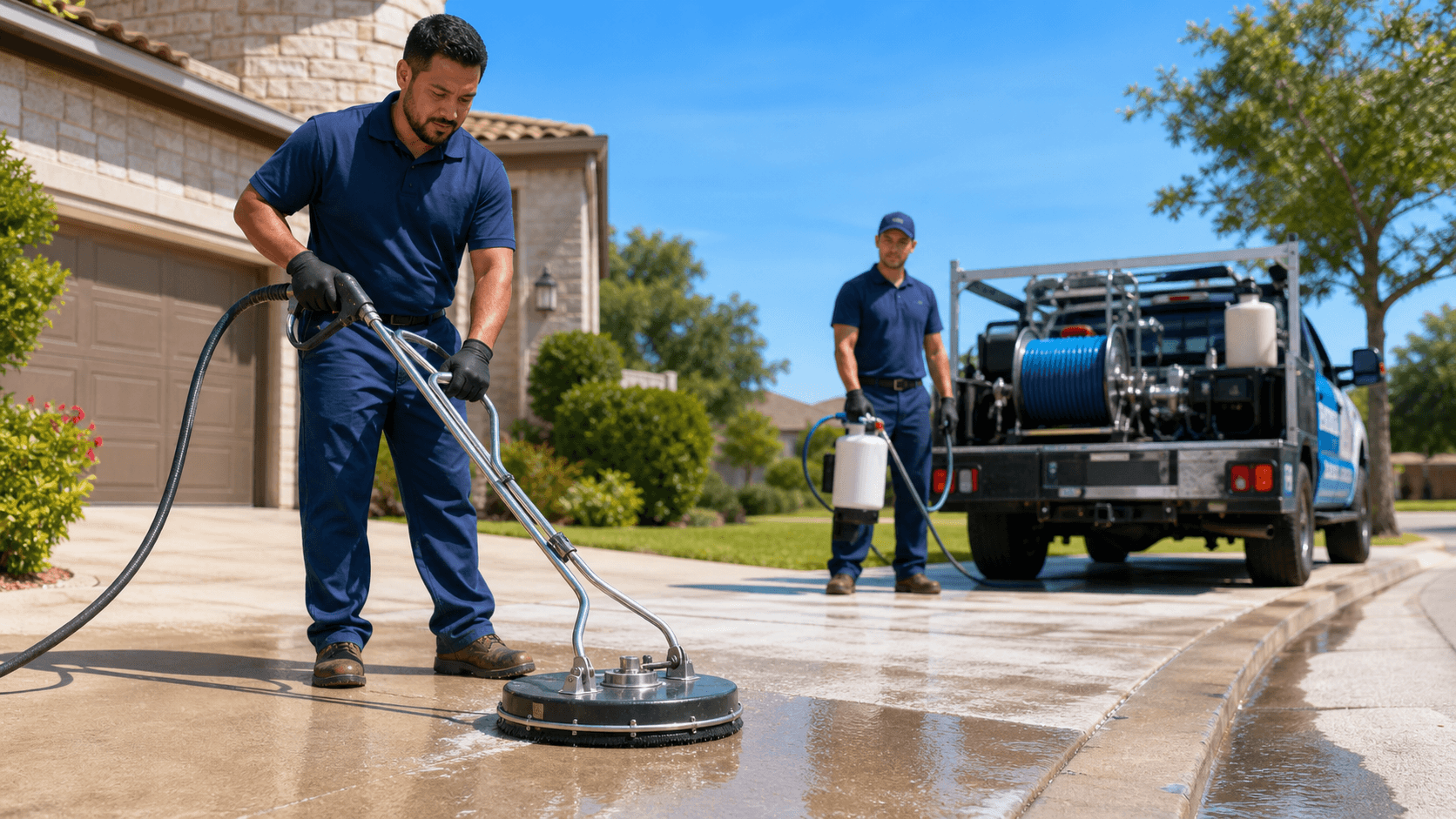 Worker pressure-washing a sunlit concrete driveway, with water spray mist and light mineral stains visible