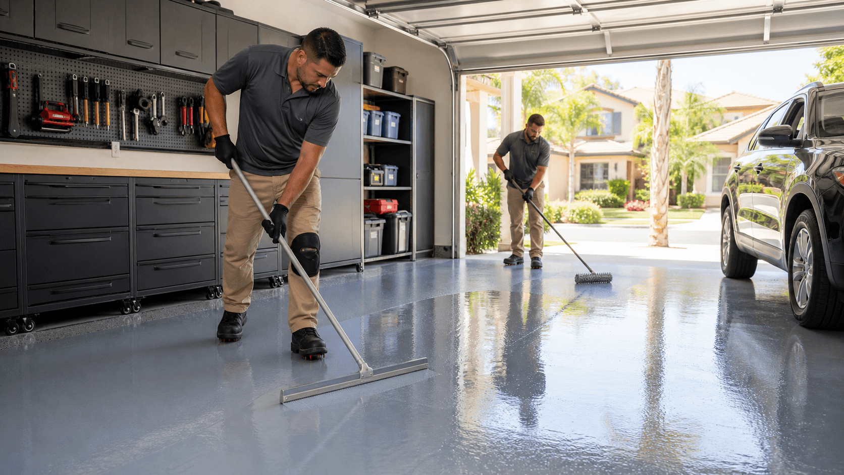 Shiny gray epoxy-coated garage floor with subtle flakes, reflecting overhead lights beside parked car tires