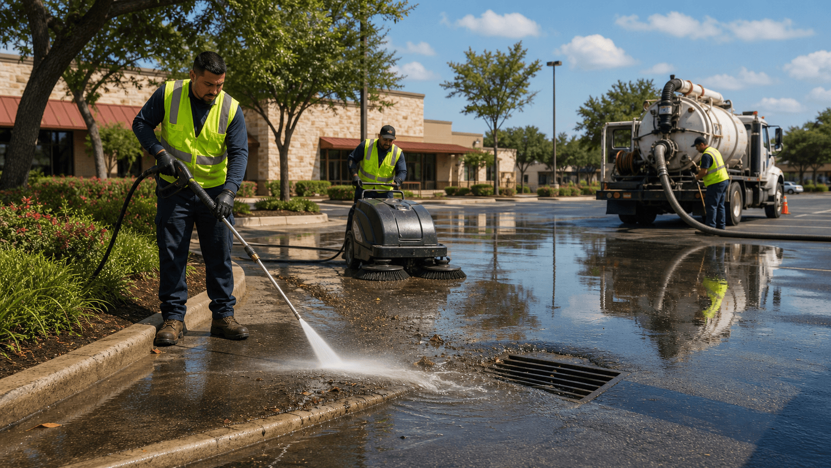 Rain-soaked parking lot with puddles, storm drains, and a street sweeper under dark clouds and wet reflections