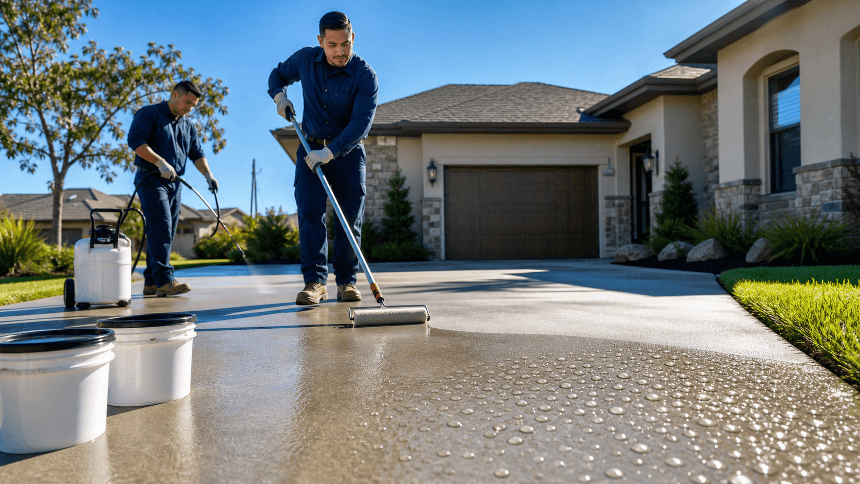 Sunlit concrete driveway with a glossy sealed strip, roller and bucket in foreground, suburban home blurred behind